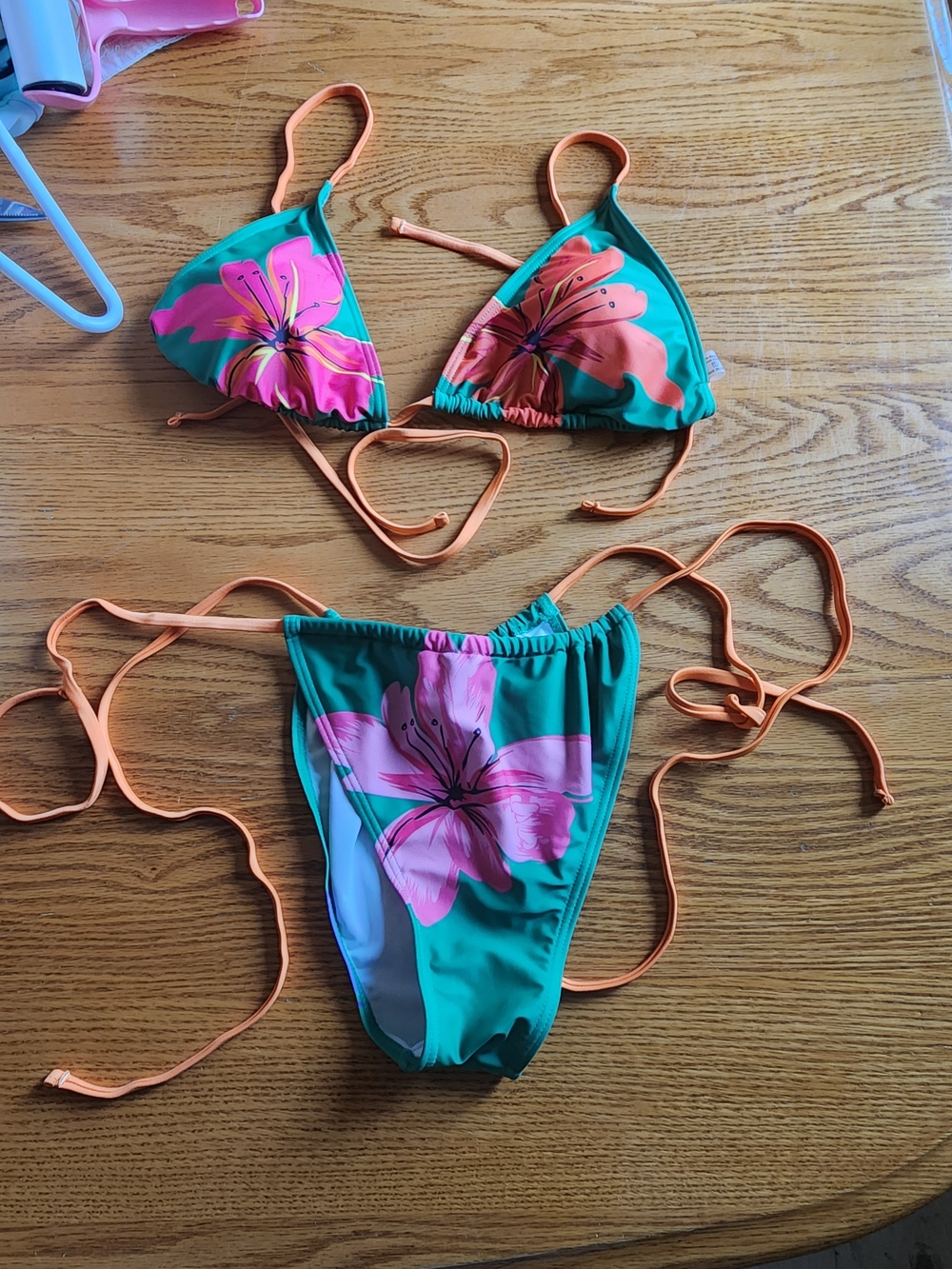 Green Floral Triangle Bikini Top and Bottom Set with Orange Straps
